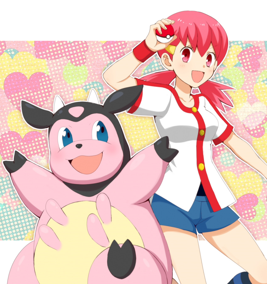 1girl :d bangs black_shirt blue_shorts blush breasts buttons collarbone commentary_request eyelashes gen_2_pokemon gym_leader hair_ornament hairclip hand_up highres holding holding_poke_ball jacket koroni_(nkrgs) long_hair looking_at_viewer miltank open_mouth pink_hair poke_ball poke_ball_(basic) pokemon pokemon_(creature) pokemon_(game) pokemon_hgss red_wristband shirt short_shorts short_sleeves shorts smile twintails violet_eyes white_jacket whitney_(pokemon) wristband