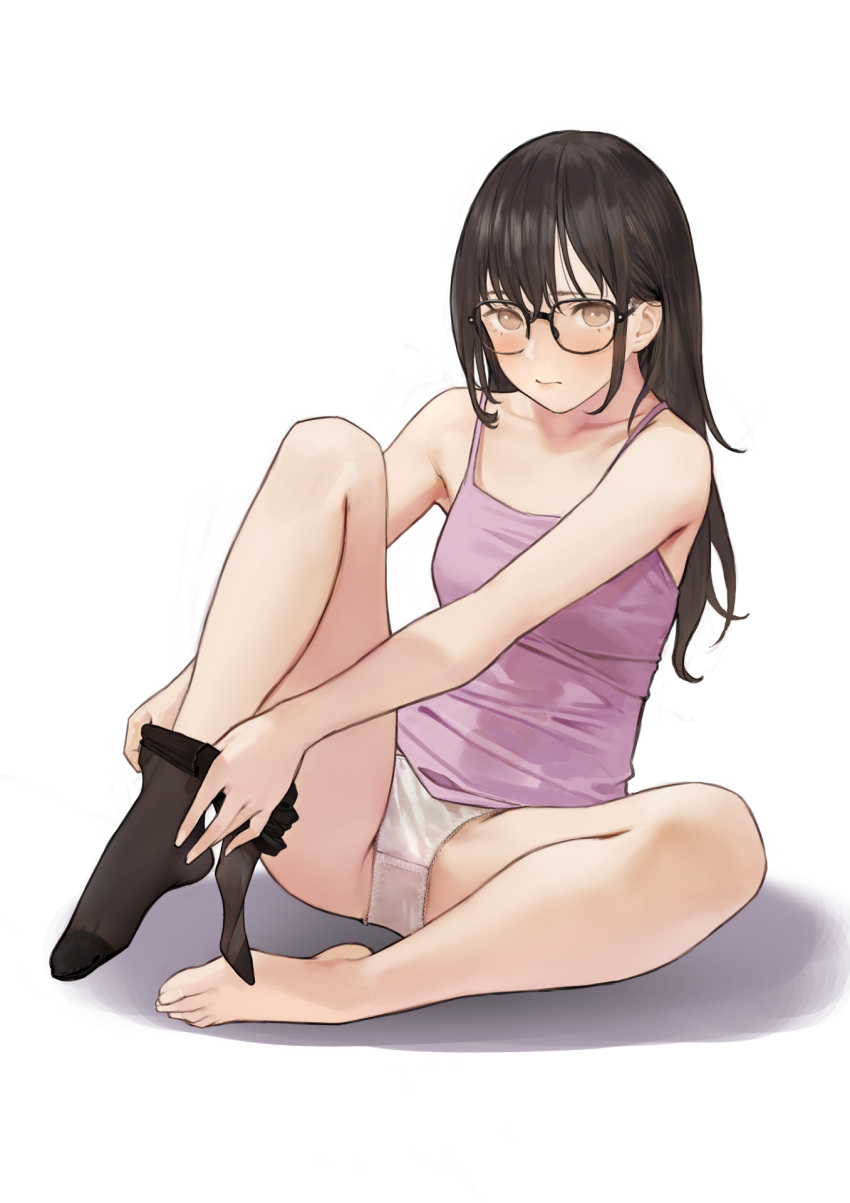 1girl bangs bare_arms bare_legs bare_shoulders barefoot black-framed_eyewear blush brown_eyes brown_hair brown_legwear camisole cancer_(zjcconan) closed_mouth collarbone commentary_request fingernails full_body glasses hair_between_eyes highres knee_up long_hair looking_at_viewer no_pants no_shoes original panties pantyhose purple_camisole simple_background sitting solo spaghetti_strap toenails toes underwear undressing white_background white_panties