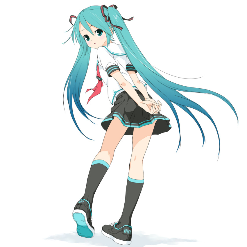 1girl :o aqua_eyes aqua_hair arms_behind_back black_footwear black_legwear black_skirt collar collared_shirt commentary from_behind full_body hair_ribbon hands_together hatsune_miku kneehighs light_blush long_hair looking_at_viewer looking_back miniskirt nike open_mouth pleated_skirt red_neckwear ribbon sailor_collar school_uniform serafuku shadow shirt shoes skirt sneakers solo soukun_s standing striped striped_ribbon twintails very_long_hair vocaloid vocaloid_(lat-type_ver) white_background white_collar white_shirt