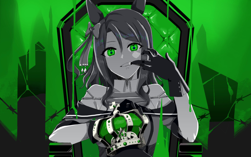 1girl ainoshima_ringo animal_ears biting bow commentary crown crown_removed ear_covers eyebrows_visible_through_hair finger_biting gloves green_background green_eyes hair_between_eyes hair_bow highres holding_crown horse_ears horse_girl king_(vocaloid) king_halo_(umamusume) long_hair looking_at_viewer off_shoulder pov sitting solo throne umamusume wavy_hair