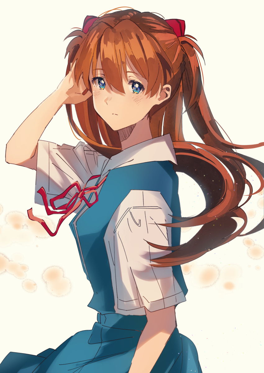 1girl absurdres bangs beige_background blouse blue_eyes blue_skirt closed_mouth commentary_request expressionless from_side hair_between_eyes hajikkoneko hand_up highres interface_headset light_particles long_hair looking_at_viewer neck_ribbon neon_genesis_evangelion orange_hair red_neckwear ribbon school_uniform short_sleeves simple_background skirt solo souryuu_asuka_langley suspender_skirt suspenders tokyo-3_middle_school_uniform_(evangelion) two_side_up upper_body white_blouse