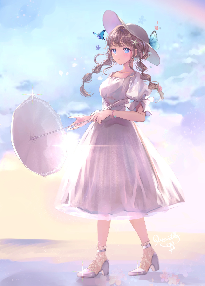 1girl backlighting blue_eyes blue_sky bracelet breasts brown_hair bug butterfly butterfly_on_head clouds commentary_request day dress expressionless full_body gradient_sky hair_ornament hat high_heels highres holding holding_umbrella insect jewelry lace lace_legwear looking_at_viewer low_twintails medium_breasts original outdoors petticoat puffy_short_sleeves puffy_sleeves puracotte purple_dress purple_footwear purple_headwear short_hair short_sleeves signature sky solo standing star_(symbol) star_hair_ornament sun sun_hat twintails umbrella yellow_sky