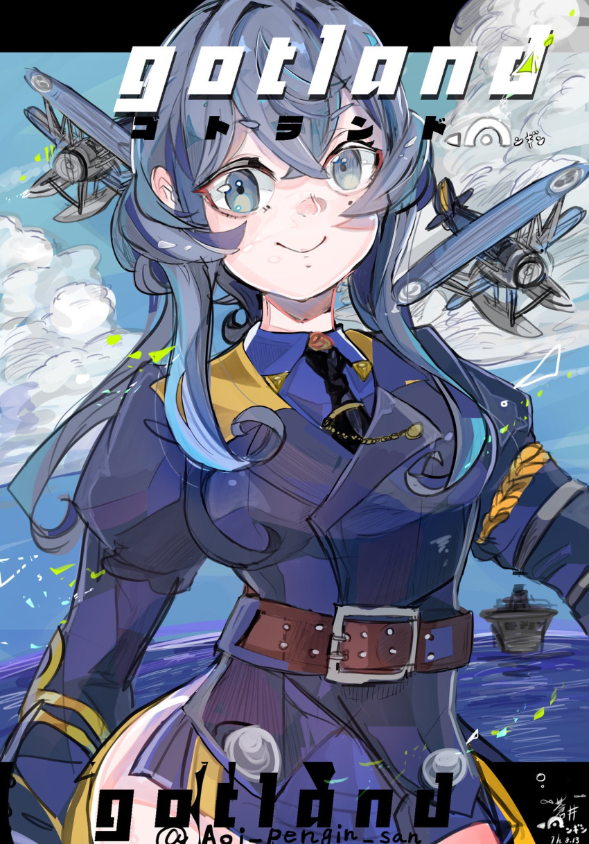 1girl aircraft airplane aoi_pengin belt black_neckwear blue_hair blue_sky character_name clouds collared_shirt commentary_request gloves gotland_(kancolle) hair_bun half_gloves highres horizon kantai_collection long_hair looking_at_viewer military military_uniform mole mole_under_eye necktie ocean one-hour_drawing_challenge remodel_(kantai_collection) shirt sky solo uniform