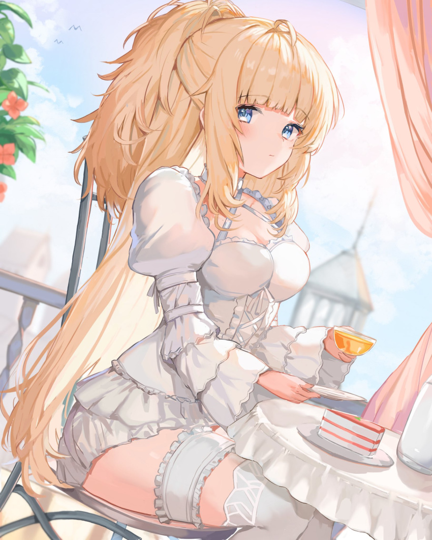 1girl ahoge bangs blonde_hair blue_eyes blunt_bangs blush cake cake_slice chair closed_mouth commentary_request commission cup curtains day dress dutch_angle eyebrows_visible_through_hair feet_out_of_frame food highres holding holding_cup holding_saucer juliet_sleeves leg_garter long_hair long_sleeves looking_at_viewer necktie on_chair phantasy_star phantasy_star_online_2 plate ponytail puffy_sleeves saucer sidelocks sitting skeb_commission solo sorotu table thigh-highs very_long_hair white_dress white_legwear wide_sleeves