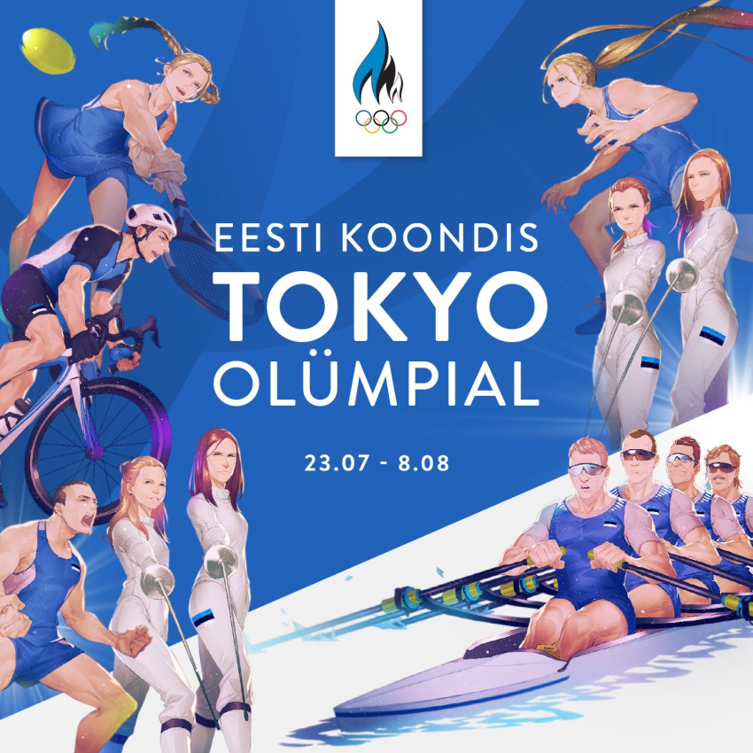 2020_summer_olympics 6+boys 6+girls ball bicycle_helmet blonde_hair braid brown_hair estonian_flag estonian_text fencing fencing_suit helmet highres holding holding_sword holding_weapon long_hair medium_hair monq multiple_boys multiple_girls olympics racket riding_bicycle rowboat rowing short_hair sportswear sword tennis_ball tennis_racket twin_braids weapon wrestling_outfit