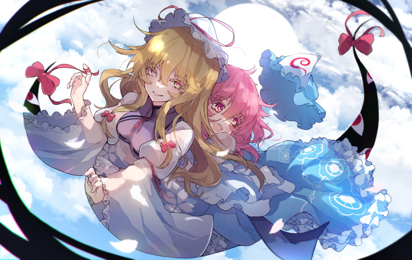 2girls :d bangs blonde_hair blue_headwear blue_kimono bow bright_pupils chiroru_(cheese-roll) chromatic_aberration closed_mouth clouds commentary_request dress english_commentary eyebrows_visible_through_hair eyes_visible_through_hair floral_print frilled_kimono frilled_sleeves frills gap_(touhou) hair_between_eyes hair_bow hat hat_ribbon highres hug japanese_clothes juliet_sleeves kimono long_hair long_sleeves looking_at_viewer mob_cap multiple_bows multiple_girls neck_ribbon open_mouth outdoors pink_eyes pink_hair print_kimono puffy_sleeves red_bow red_neckwear red_ribbon ribbon saigyouji_yuyuko short_hair sky sleeve_ribbon smile split_mouth tabard touhou triangular_headpiece upper_teeth white_dress white_headwear wide_sleeves yakumo_yukari yellow_eyes