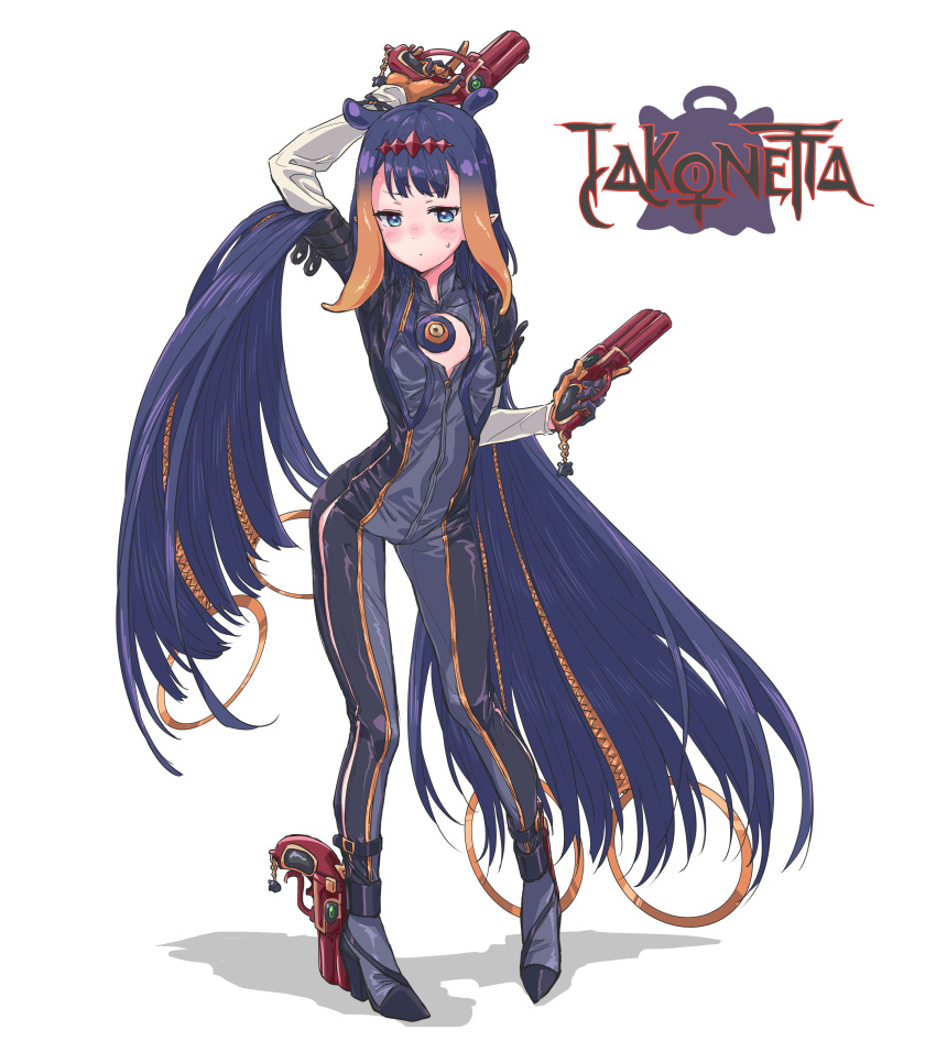 1girl absurdres alternate_costume animal_ears ankle_holster arm_up bayonetta bayonetta_(character) bayonetta_(character)_(cosplay) black_bodysuit black_footwear blue_eyes blush bodysuit boots center_opening closed_mouth commentary contrapposto cosplay dual_wielding embarrassed eyebrows_visible_through_hair flat_chest fukuda_keita full_body gloves gradient_hair gun handgun headpiece high_heel_boots high_heels highres holding holding_gun holding_weapon hololive hololive_english long_hair mole mole_under_eye multicolored_hair ninomae_ina'nis orange_gloves orange_hair pointy_ears purple_hair simple_background solo standing sweatdrop tako_(ninomae_ina'nis) tentacle_hair twintails two-tone_hair very_long_hair virtual_youtuber weapon white_background