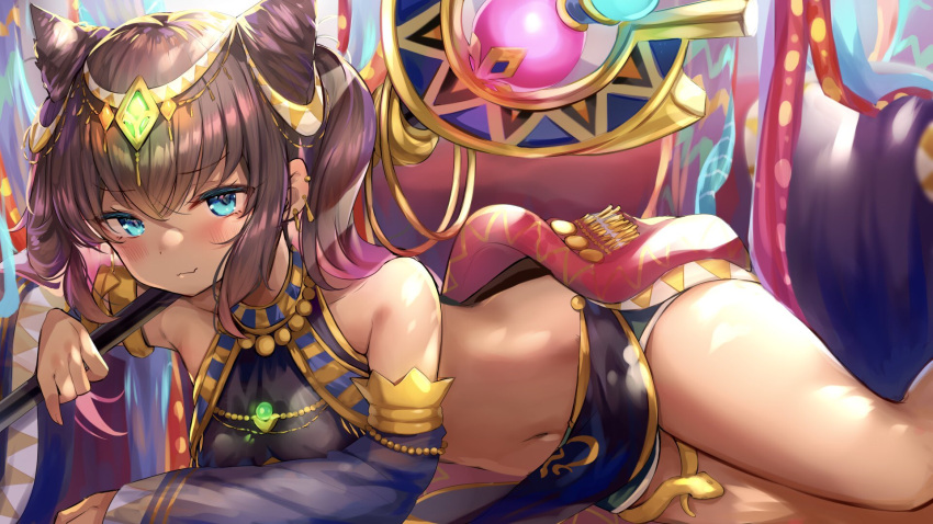 1girl bare_shoulders bead_necklace beads black_hair blue_eyes breasts circlet commentary_request crop_top dark_skin detached_sleeves ear_piercing egyptian_clothes hair_cones highres holding holding_staff jewelry legend_clover long_hair long_sleeves looking_at_viewer lying midriff navel necklace nekomugiharu on_stomach piercing revealing_clothes small_breasts smile smirk solo staff stomach thighs twintails wide_sleeves