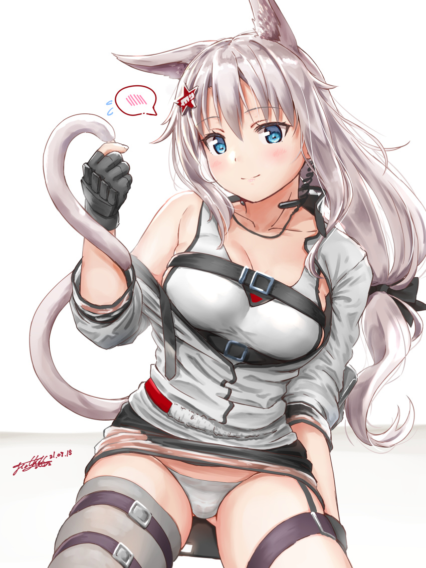 1girl 2021 9a-91_(girls_frontline) animal_ears arknights blaze_(arknights) blaze_(arknights)_(cosplay) blue_eyes cat_ears cat_tail cosplay dated girls_frontline hair_ornament hairclip highres holding_tail long_hair panties skindentation solo star_(symbol) star_hair_ornament tail thigh_strap throat_microphone underwear very_long_hair white_hair yukinoshiro