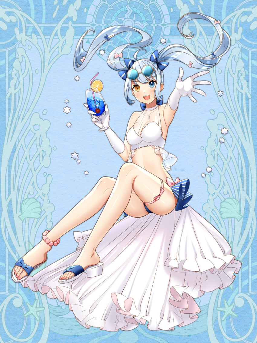1girl anklet arm_up bad_proportions bikini blue_background blue_bow blue_eyes bow breasts dairoku_youhei drink drinking_straw eyewear_on_head food fruit full_body gloves hair_bow haritoyomimasu heterochromia highres holding holding_drink invisible_chair jewelry lemon lemon_slice looking_at_viewer medium_breasts ribbon sandals silver_hair simple_background sitting solo swimsuit thigh_strap tinted_eyewear twintails white_gloves yellow_eyes