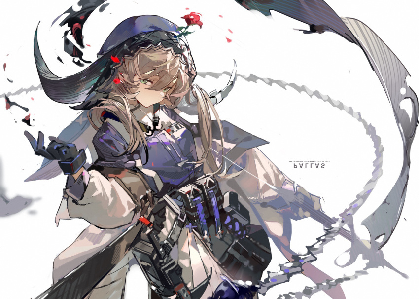 1girl arknights black_gloves blue_headwear blue_shirt brown_hair chain character_name cow_horns flower flower_on_head gloves green_hair hair_between_eyes hand_up highres holding holding_weapon horns jacket kagura_tohru long_hair looking_at_viewer pallas_(arknights) red_flower shirt solo upper_body weapon white_jacket white_sleeves