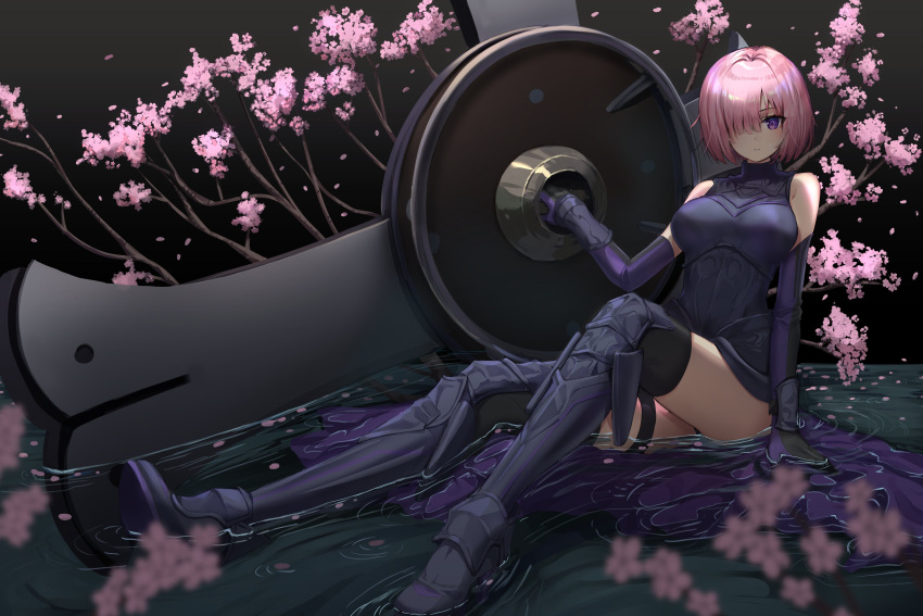 1girl absurdres armor armored_boots bare_shoulders black_armor black_legwear boobplate boots cherry_blossoms commentary commission english_commentary eyebrows_visible_through_hair fate/grand_order fate_(series) flower gauntlets hair_over_one_eye highres holding holding_shield holding_weapon in_water ku-ini looking_at_viewer mash_kyrielight one_eye_covered outdoors parted_lips pink_flower pink_hair shield short_hair sitting solo teeth violet_eyes water weapon