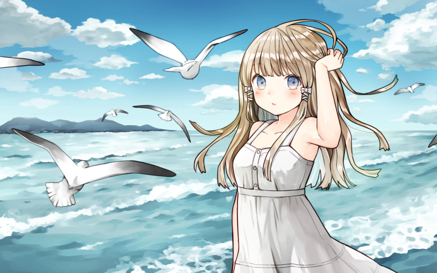 1girl animal arm_up bangs bare_arms bare_shoulders bird blue_eyes blue_sky blush bow breasts clouds collarbone commentary_request day dress eyebrows_visible_through_hair hair_bow hand_in_hair horizon kurata_rine long_hair looking_at_viewer ocean original outdoors parted_lips seagull sky sleeveless sleeveless_dress small_breasts solo waves white_bow white_dress