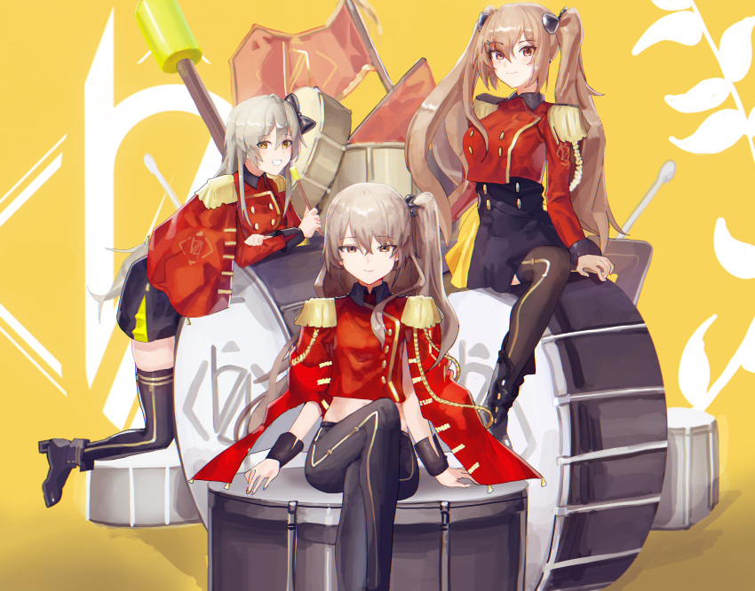 3girls 404_logo_(girls_frontline) absurdres bow drum ggab0621 girls_frontline highres instrument looking_at_viewer marching_band multiple_girls side_ponytail skirt smile twintails ump40_(girls_frontline) ump45_(girls_frontline) ump9_(girls_frontline) uniform yellow_background