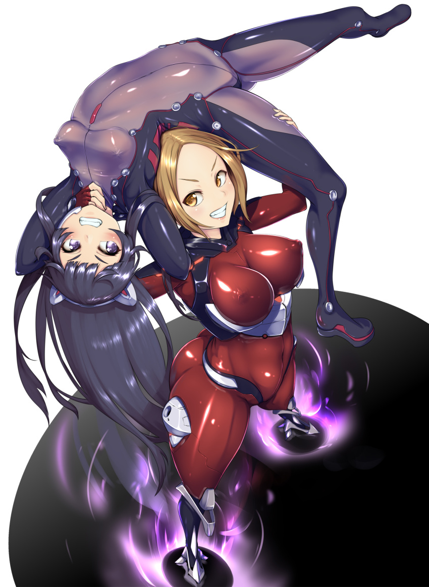 2girls artist_request black_hair bodysuit breasts brown_eyes brown_hair carrying catfight covered_navel covered_nipples guilty_crown highres large_breasts lifting lifting_person looking_at_another multiple_girls shinomiya_ayase short_hair skin_tight tsugumi_(guilty_crown) violet_eyes void_(guilty_crown)