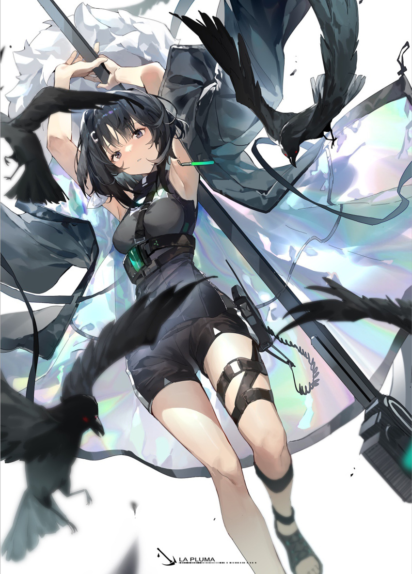 1girl animal arknights arms_behind_head bird black_eyes black_footwear black_hair black_jacket black_shirt black_shorts breasts character_name crow floating_clothes foot_out_of_frame from_below highres holding holding_scythe holding_weapon jacket kagura_tohru la_pluma_(arknights) looking_at_viewer medium_breasts open_clothes open_jacket radio sandals scythe shirt short_hair shorts solo thigh_strap weapon weapon_behind_back white_background