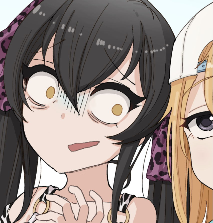 2girls :| animal_print backwards_hat black_hair blonde_hair closed_mouth eyebrows_visible_through_hair grey_eyes hair_between_eyes hat highres idolmaster idolmaster_cinderella_girls inu_chikushou leopard_print long_hair matoba_risa multiple_girls off_shoulder shaded_face sideways_glance twintails wide-eyed yellow_eyes yuuki_haru