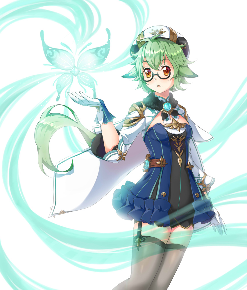 1girl absurdres animal_ears bangs black_legwear bug butterfly candy_rimo cape commentary dog_ears english_commentary eyebrows_visible_through_hair garter_straps genshin_impact glasses gloves green_hair hair_between_eyes hat highres insect long_hair long_sleeves looking_at_viewer orange_eyes parted_lips sidelocks simple_background solo sucrose_(genshin_impact) thigh-highs vision_(genshin_impact) white_background white_gloves zettai_ryouiki