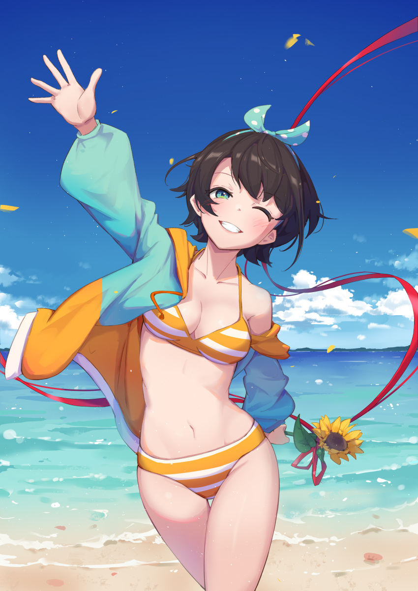 1girl absurdres aqua_eyes bangs beach bikini black_hair blue_eyes blue_sky clouds cowboy_shot day flower highres hololive horizon jacket looking_at_viewer multicolored multicolored_clothes multicolored_jacket ocean oozora_subaru open_clothes open_jacket outdoors parted_lips short_hair shyi sky smile solo striped striped_bikini sunflower swept_bangs swimsuit thigh_gap virtual_youtuber yellow_bikini