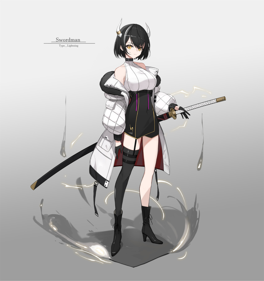 1girl bare_shoulders black_hair boots breasts choker coat collarbone english_commentary gloves gradient gradient_background grey_background half_gloves high_heel_boots high_heels highres horn_ornament horn_ring horns katana large_breasts looking_at_viewer multicolored_hair original padded_jacket rikui_(rella2930) sheath sheathed short_hair single_thighhigh standing streaked_hair sword thigh-highs weapon white_coat white_hair yellow_eyes