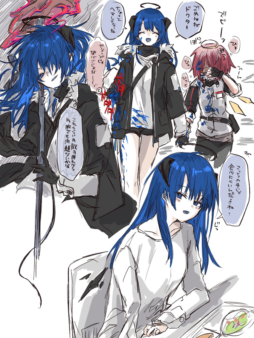 an_fyhx angel arknights black_jacket blue_eyes blue_hair blue_tongue colored_tongue commentary_request crying demon_horns detached_wings energy_wings exusiai_(arknights) fallen_angel fur-trimmed_hood fur-trimmed_jacket fur_trim halo highres hood horns id_card jacket long_hair mostima_(arknights) raglan_sleeves redhead short_hair translation_request white_jacket wings