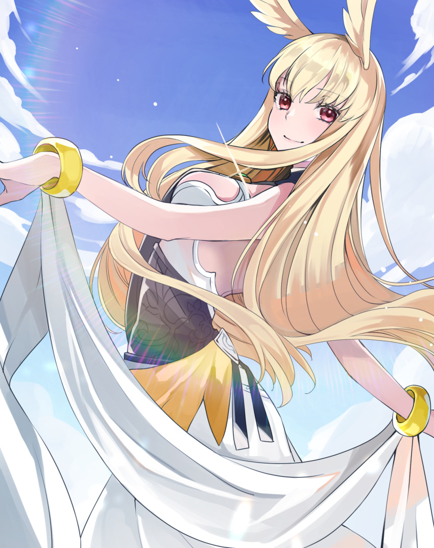 1girl armor armored_dress blonde_hair blue_sky blush bracelet breasts chun_xia clouds commentary_request day dress fate/grand_order fate_(series) head_wings highres jewelry long_dress long_hair looking_at_viewer medium_breasts outdoors pink_eyes sky smile solo thrud_(fate) valkyrie_(fate) very_long_hair white_dress