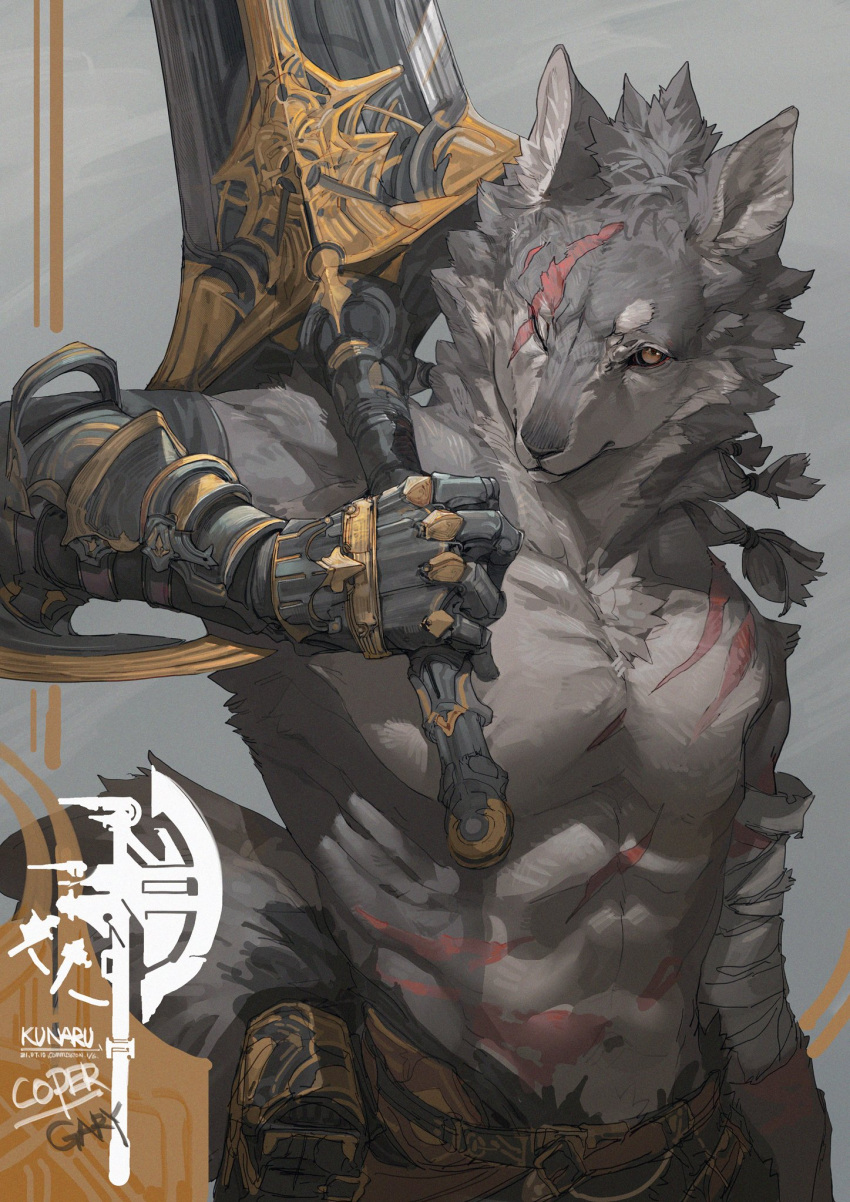 1boy abs artist_name bandaged_arm bandages belt_pouch body_fur brown_eyes chest_tuft commission furry furry_male gauntlets grey_fur highres holding holding_sword holding_weapon huge_weapon kunaru_(799865444232548352) large_pectorals male_focus muscular muscular_male one_eye_closed original over_shoulder pectorals pouch scar scar_across_eye scar_on_chest single_gauntlet snout solo sword sword_over_shoulder tied_hair upper_body weapon weapon_over_shoulder wolf_boy