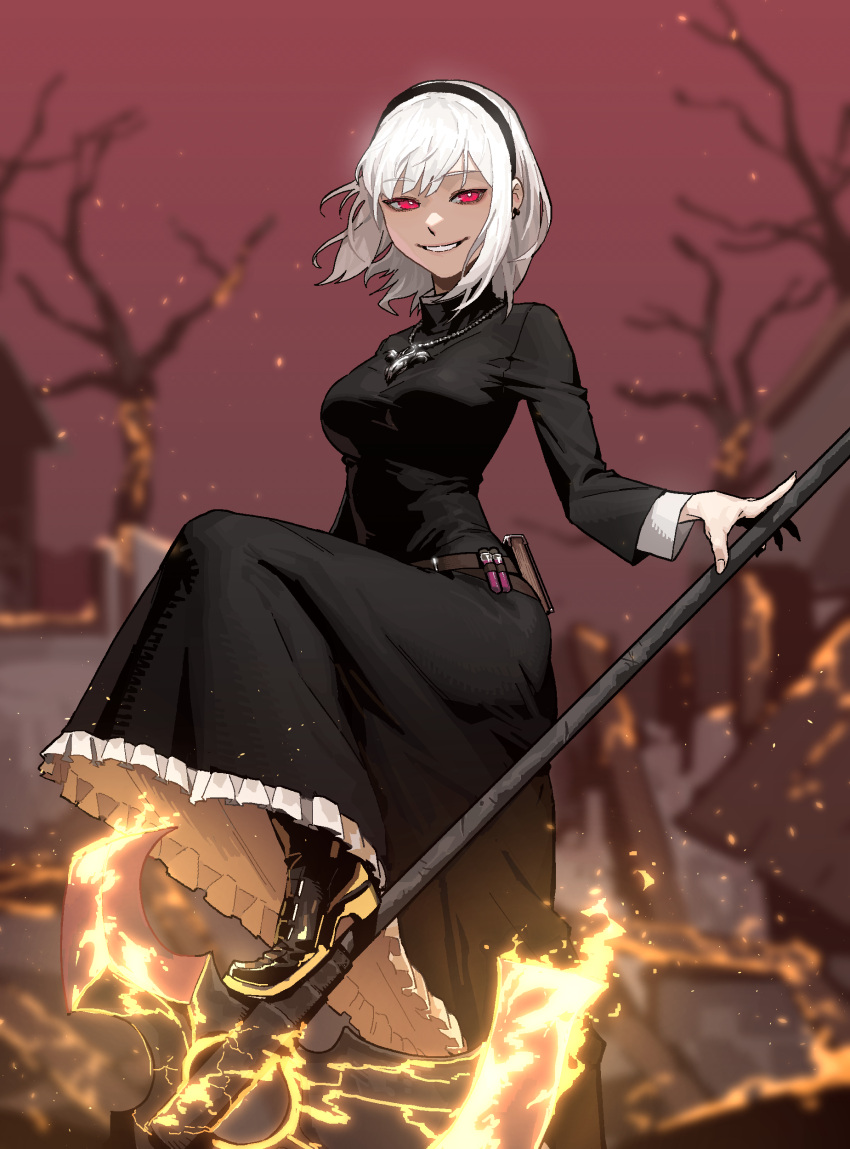 1girl absurdres ashes axe bare_tree battle_axe belt black_dress black_footwear black_headband breasts brown_belt cross cross_necklace dress embers eyebrows_visible_through_hair fire flaming_weapon frills gogalking habit headband highres holding holding_weapon jewelry leg_up long_dress long_sleeves looking_at_viewer medium_breasts necklace original outdoors red_eyes red_sky short_hair sidelocks sky smile solo teeth tree weapon white_hair