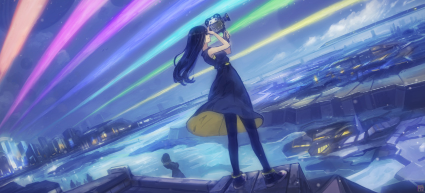 1girl 2girls absurdres black_hair city dress dutch_angle facing_away from_behind highres long_hair multiple_girls night okuto original solo standing video_camera water wind