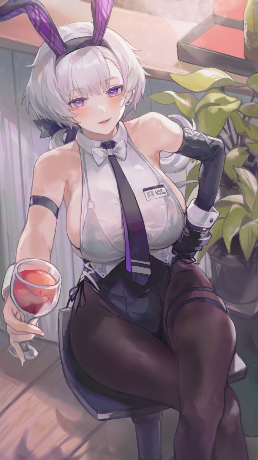 1girl absurdres alcohol animal_ears armband azur_lane bangs bare_shoulders bibimbub bikini bikini_under_clothes breasts crossed_legs cup drinking_glass ear_piercing elbow_gloves eyebrows_visible_through_hair gloves halterneck hand_on_hip highres large_breasts leotard looking_at_viewer piercing playboy_bunny rabbit_ears reno_(azur_lane) reno_(reno_bunnino)_(azur_lane) short_hair sideboob sitting skindentation smile swimsuit thigh_strap violet_eyes white_hair wine wine_glass