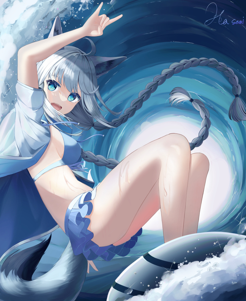 1girl :d absurdres ahoge animal_ears arm_up bangs bare_legs bikini bikini_skirt blue_bikini blue_eyes blue_jacket braid breasts commentary drawstring fang fox_ears fox_girl fox_shadow_puppet fox_tail from_side hasami_(hasami_03) highres hololive jacket long_hair looking_at_viewer medium_breasts open_clothes open_jacket open_mouth shirakami_fubuki short_sleeves signature silver_hair skin_fang smile solo surfing swimsuit tail twin_braids twintails very_long_hair virtual_youtuber water waves wet