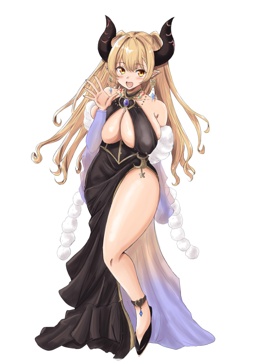 1girl absurdres alba_(granblue_fantasy) anklet bangs bare_shoulders black_dress black_footwear blonde_hair blush breasts chan_(akuty_ikkot) draph dress earrings eyebrows_visible_through_hair full_body granblue_fantasy hand_up highres horns jewelry large_breasts long_hair looking_at_viewer open_mouth pointy_ears sideboob simple_background smile solo thighs waving white_background