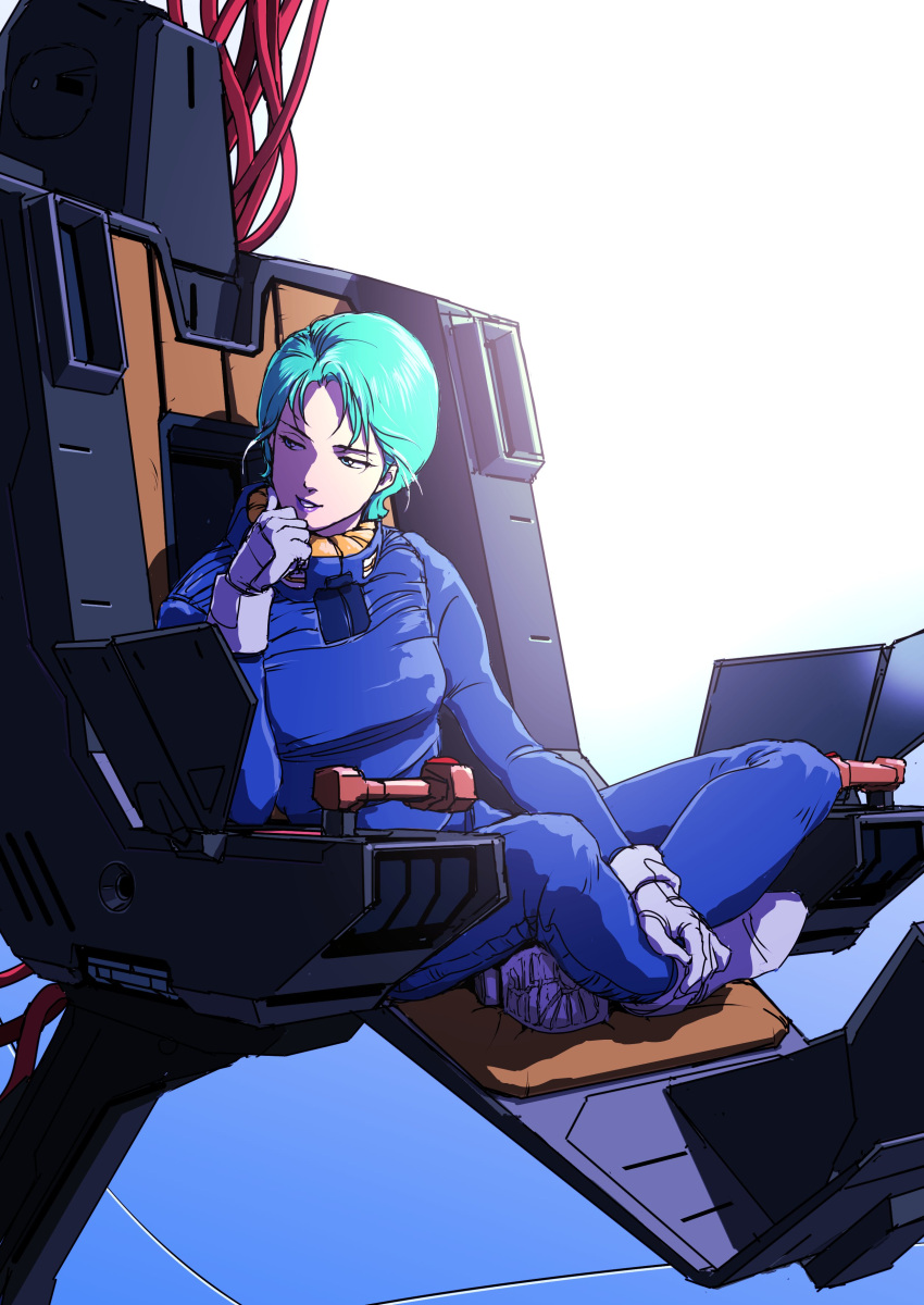 1girl absurdres aqua_eyes aqua_hair blue_bodysuit bodysuit breasts cockpit four_murasame full_body gloves gundam highres indian_style parted_lips purple_lips short_hair sitting small_breasts smile solo teikoku_jokyoku zeta_gundam