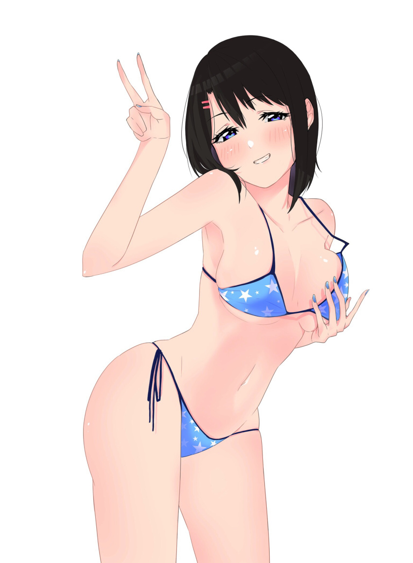 1girl bang_dream! bangs bare_legs bare_shoulders bikini black_hair blue_bikini blue_eyes blue_nails blush bouhatei_(t-back) breast_press breasts commentary_request cowboy_shot hair_ornament hairclip hand_on_own_chest hand_up head_tilt highres leaning_forward looking_at_viewer medium_breasts nail_polish navel okusawa_misaki short_hair side-tie_bikini sidelocks simple_background skindentation smile solo standing star_(symbol) star_print stomach strap_gap swimsuit thong_bikini v white_background