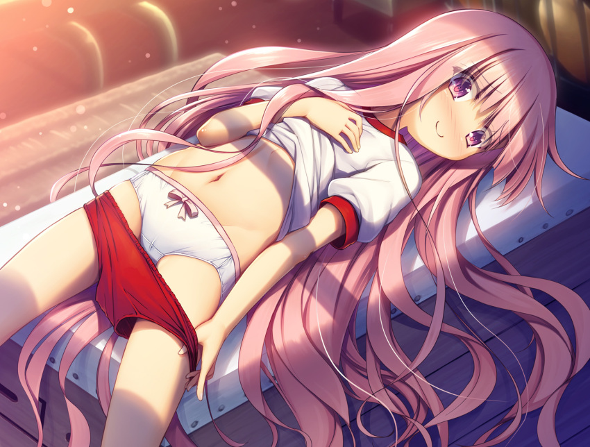 1girl blush bow bow_panties buruma buruma_pull c: chima_q clothes_lift commentary_request eyebrows_visible_through_hair eyes_visible_through_hair flat_chest gym_storeroom gym_uniform hair_spread_out hakamada_hinata hand_on_own_chest highres indoors lifted_by_self long_hair looking_at_viewer lying on_back panties pink_eyes pink_hair pulled_by_self red_buruma rou-kyuu-bu! shirt_lift short_sleeves smile solo stomach underwear vaulting_horse very_long_hair white_panties