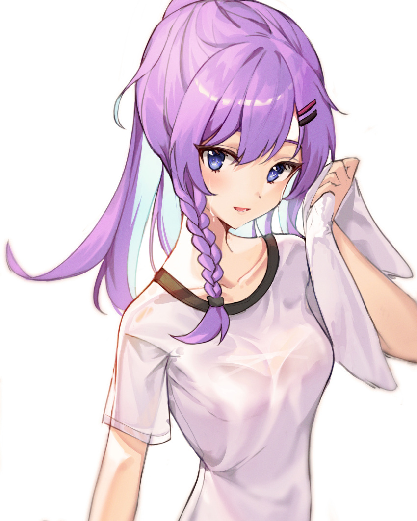 1girl absurdres blue_eyes blue_hair blush braid breasts collarbone colored_inner_hair highres holding holding_towel looking_to_the_side medium_breasts multicolored_hair nijisanji nijisanji_kr nun_bora open_mouth ponytail purple_hair purple_shirt shirt smile solo sweat tmtl_aos towel upper_body virtual_youtuber white_background
