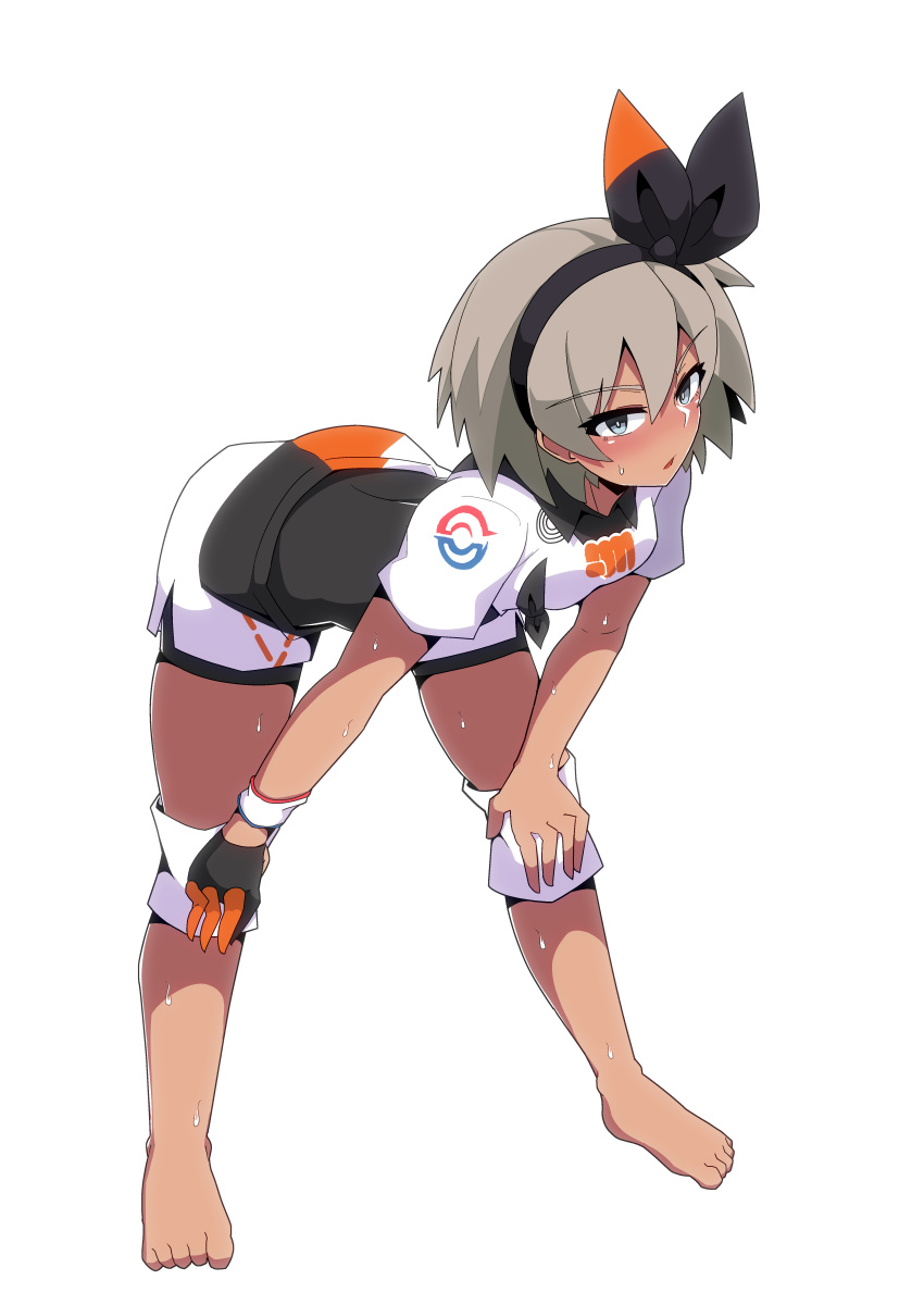 1girl absurdres agu_(antyosan) bangs barefoot bea_(pokemon) bent_over black_bodysuit black_hairband blush bodysuit bodysuit_under_clothes bow_hairband collared_shirt commentary_request dynamax_band full_body gloves grey_eyes grey_hair gym_leader hair_between_eyes hairband hands_on_own_knees highres knee_pads partially_fingerless_gloves pokemon pokemon_(game) pokemon_swsh print_shirt print_shorts shirt short_hair short_sleeves shorts side_slit side_slit_shorts single_glove solo standing sweat toes