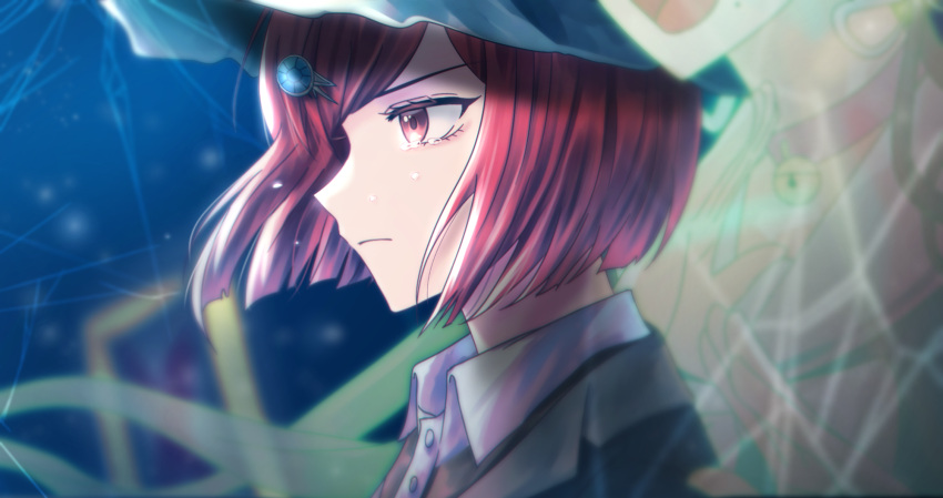 1girl bangs bell black_headwear black_jacket blurry brown_shirt chabashira_tenko collared_shirt commentary_request dangan_ronpa_(series) dangan_ronpa_v3:_killing_harmony depth_of_field from_side ghost hair_ornament hat highres jacket looking_afar neck_bell porary profile red_eyes redhead shirt short_hair solo_focus witch_hat yumeno_himiko