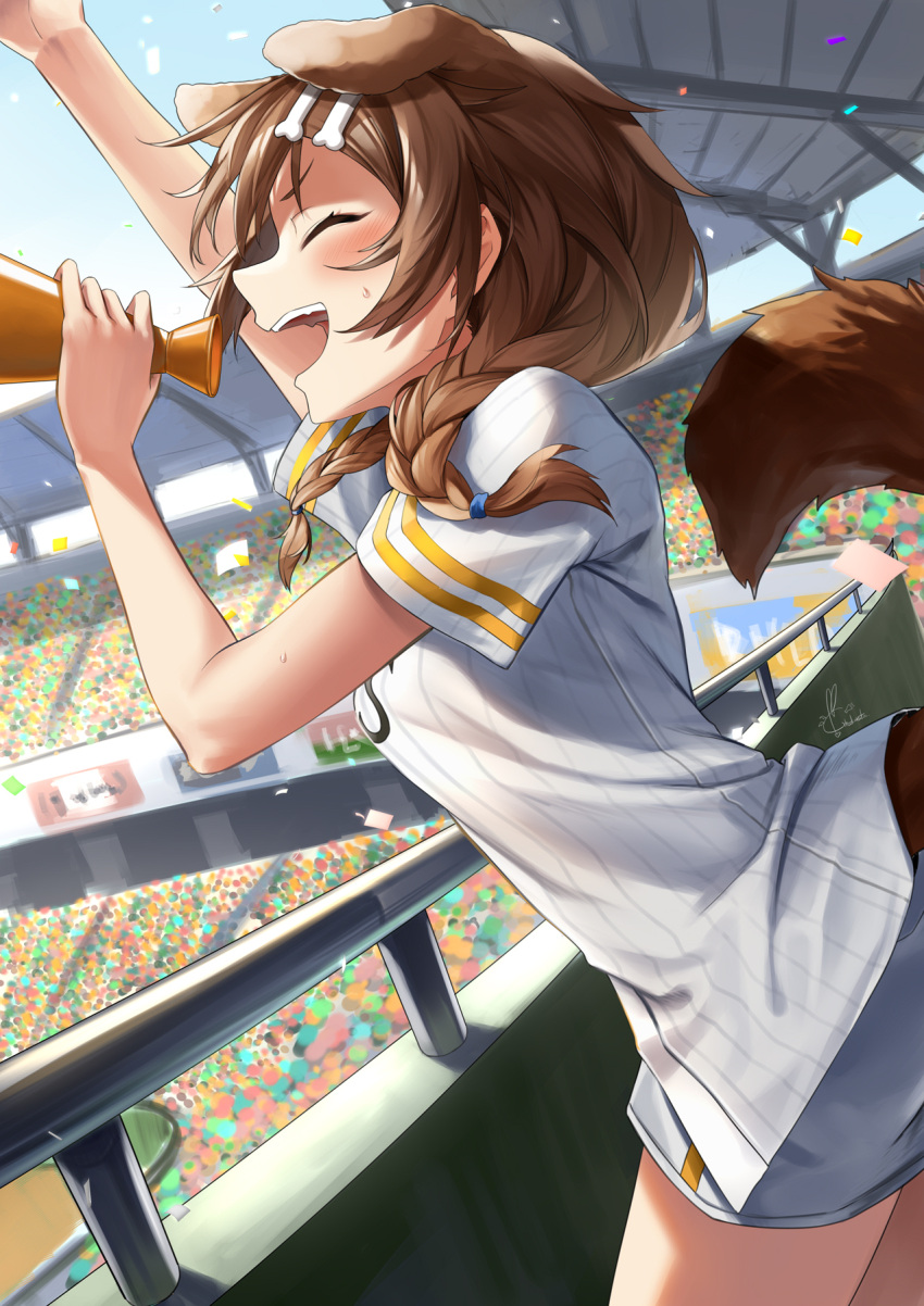 1girl animal_ears arm_up bangs blush bone_hair_ornament braid breasts brown_hair closed_eyes commentary_request confetti cowboy_shot crowd dog_ears dog_girl dog_tail from_side hair_ornament hair_tie hand_up highres holding holding_megaphone hololive inugami_korone kito_koruta long_hair megaphone open_mouth shirt short_sleeves signature solo_focus stadium standing striped striped_shirt tail tail_raised twin_braids upper_teeth vertical-striped_shirt vertical_stripes virtual_youtuber white_shirt