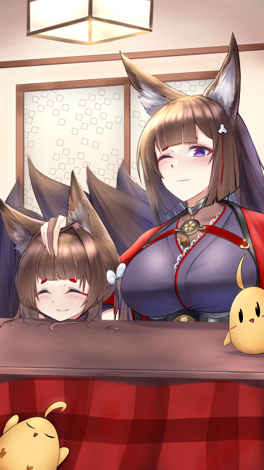 2girls absurdres amagi-chan_(azur_lane) amagi_(azur_lane) animal_ears azur_lane bangs blunt_bangs breasts brown_hair dual_persona english_commentary fox_ears fox_girl fox_tail hair_ornament headpat highres irkawaza japanese_clothes kimono kotatsu lamp large_breasts long_hair manjuu_(azur_lane) multiple_girls multiple_tails smile table tail thick_eyebrows violet_eyes