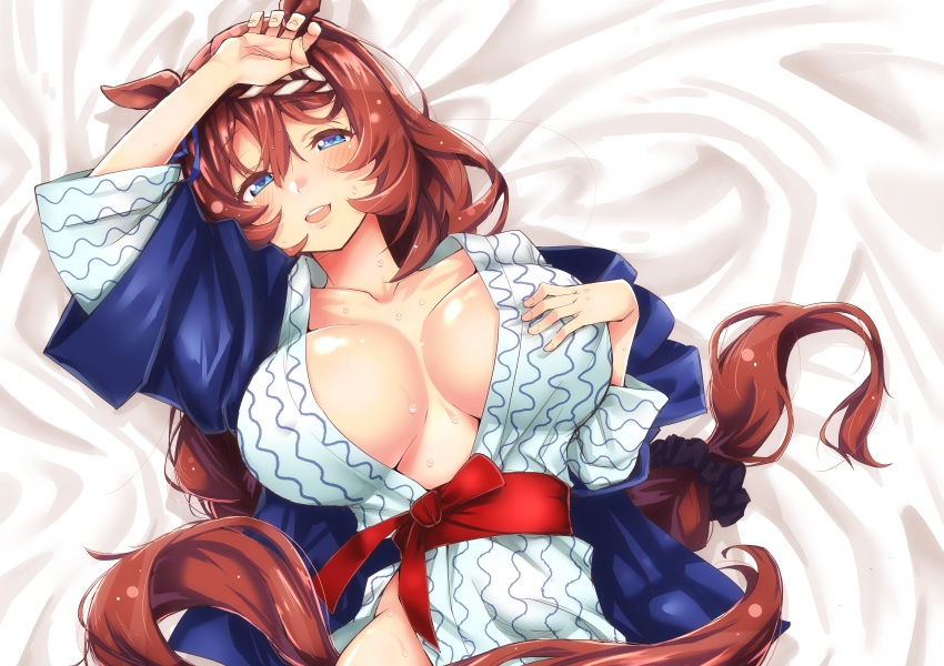 1girl absurdres animal_ears artist_request bath_yukata bed_sheet blue_eyes blush breasts brown_hair commentary_request ear_ribbon hanten_(clothes) highres horse_ears horse_girl horse_tail japanese_clothes kimono large_breasts long_hair looking_at_viewer lying on_back on_bed open_clothes open_kimono solo super_creek_(umamusume) sweat tail umamusume very_long_hair yukata