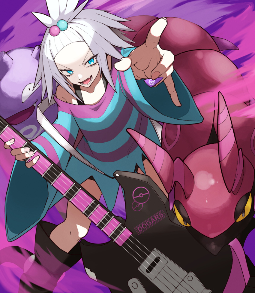 1girl arm_up bass_guitar black_footwear blue_eyes boots commentary_request dress fingernails gen_1_pokemon gen_5_pokemon gym_leader hair_bobbles hair_ornament highres holding holding_instrument holding_plectrum instrument koffing looking_at_viewer necro_ro open_mouth poke_ball_print pokemon pokemon_(creature) pokemon_(game) pokemon_bw2 roxie_(pokemon) scolipede spiky_hair striped striped_dress teeth tongue topknot two-tone_dress white_hair