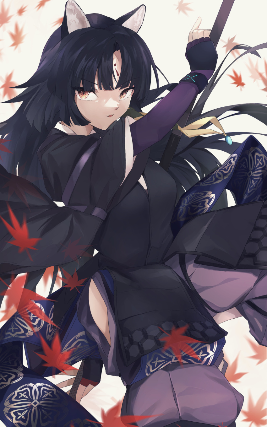 1girl absurdres animal_ears ankoro_mochi arknights bangs beads black_hair black_kimono clothing_cutout dog_ears dog_girl facial_mark forehead forehead_mark frown gloves highres holding holding_naginata holding_staff japanese_clothes jewelry kimono knee_pads long_hair looking_at_viewer naginata necklace open_mouth pants polearm prayer_beads puffy_pants purple_gloves purple_kimono purple_pants saga_(arknights) shiba_inu simple_background solo staff thigh_cutout weapon white_background wrist_guards yellow_eyes