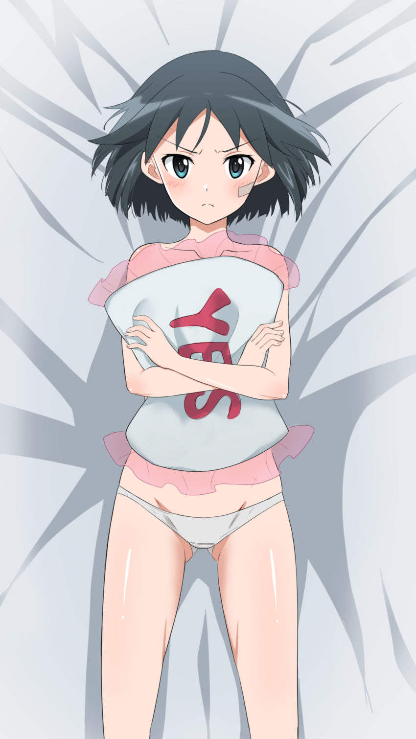 1girl artist_request bandaid bandaid_on_face black_hair blue_eyes blush brave_witches closed_mouth collarbone eyebrows_visible_through_hair highres kanno_naoe looking_at_viewer lying on_back panties pillow pillow_hug shiny shiny_hair short_hair solo underwear white_panties world_witches_series yes-no_pillow