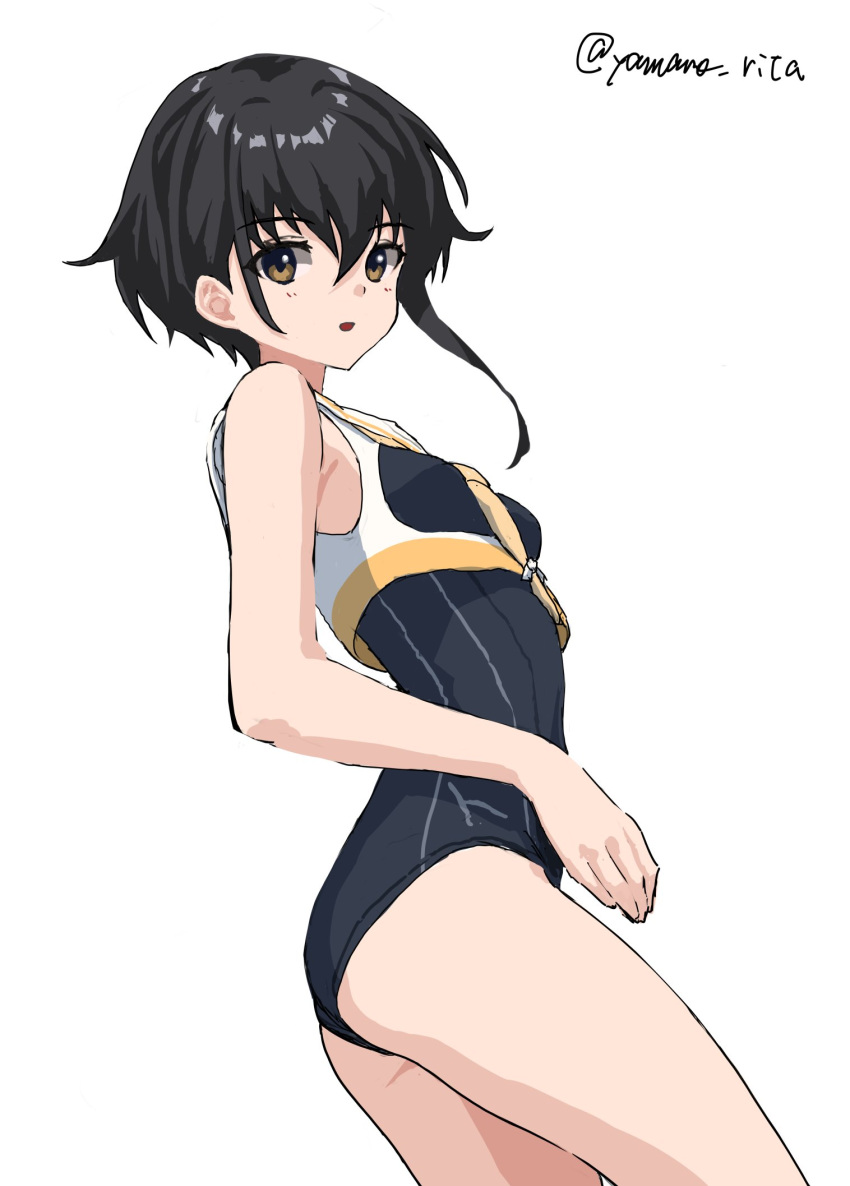 1girl asymmetrical_hair black_hair black_swimsuit breasts brown_eyes brown_neckwear cowboy_shot crop_top framed_breasts hair_between_eyes highres i-13_(kancolle) kantai_collection neckerchief one-hour_drawing_challenge sailor_collar school_swimsuit short_hair simple_background small_breasts solo swimsuit white_background white_sailor_collar yamano_rita