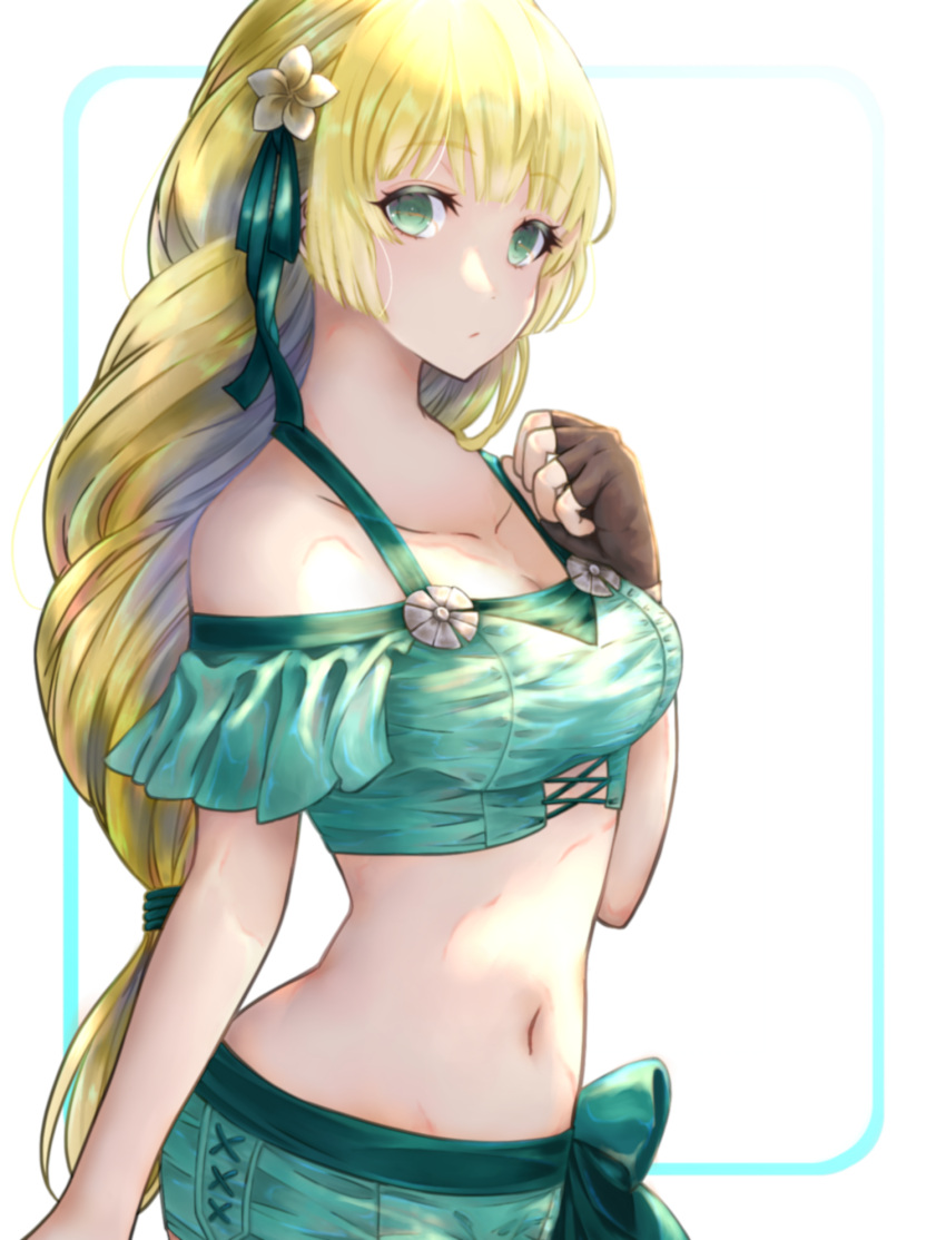 1girl bangs bare_shoulders bikini black_gloves blonde_hair breasts commentary eyebrows_visible_through_hair fingerless_gloves fire_emblem fire_emblem:_three_houses fire_emblem_heroes flower gloves green_bikini green_eyes green_ribbon hair_flower hair_ornament hair_ribbon hand_up highres howaito_gyuunyuu ingrid_brandl_galatea long_hair looking_at_viewer medium_breasts navel off-shoulder_bikini off_shoulder ribbon short_sleeves solo stomach swimsuit upper_body white_background