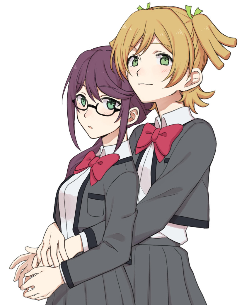 2girls absurdres bangs black-framed_eyewear blush bow bowtie breast_pocket closed_mouth collared_shirt commentary cowboy_shot daiba_nana eyebrows_visible_through_hair glasses green_eyes green_ribbon grey_jacket grey_skirt hair_over_shoulder hair_ribbon head_to_head height_difference highres hoshimi_junna hug hug_from_behind jacket light_brown_hair light_smile long_hair long_sleeves looking_at_viewer low_ponytail multiple_girls nagisa_(12363) open_clothes open_jacket own_hands_together parted_lips pleated_skirt pocket purple_hair red_bow red_neckwear ribbon school_uniform seishou_music_academy_uniform shirt shirt_tucked_in short_twintails shoujo_kageki_revue_starlight sidelocks simple_background skirt standing swept_bangs symbol-only_commentary twintails white_background white_shirt yuri