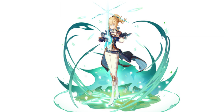 1girl blonde_hair blue_eyes blue_gloves boots capelet coattails cross cross_earrings dandelion_seed earrings genshin_impact gloves highres jean_(genshin_impact) jewelry multicolored_capelet official_art pants ponytail solo standing sword tight tight_pants weapon white_pants