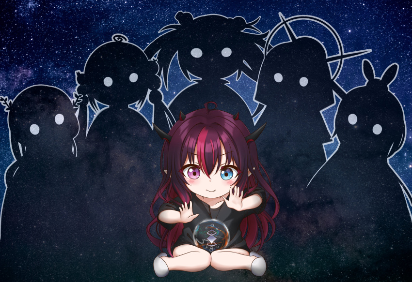 1girl absurdres bangs black_shirt blush character_request eyebrows_behind_hair heterochromia highres hololive hololive_english horns irys_(hololive) jan_azure open_hands orb purple_hair shirt silhouette sitting smile solo_focus virtual_youtuber younger