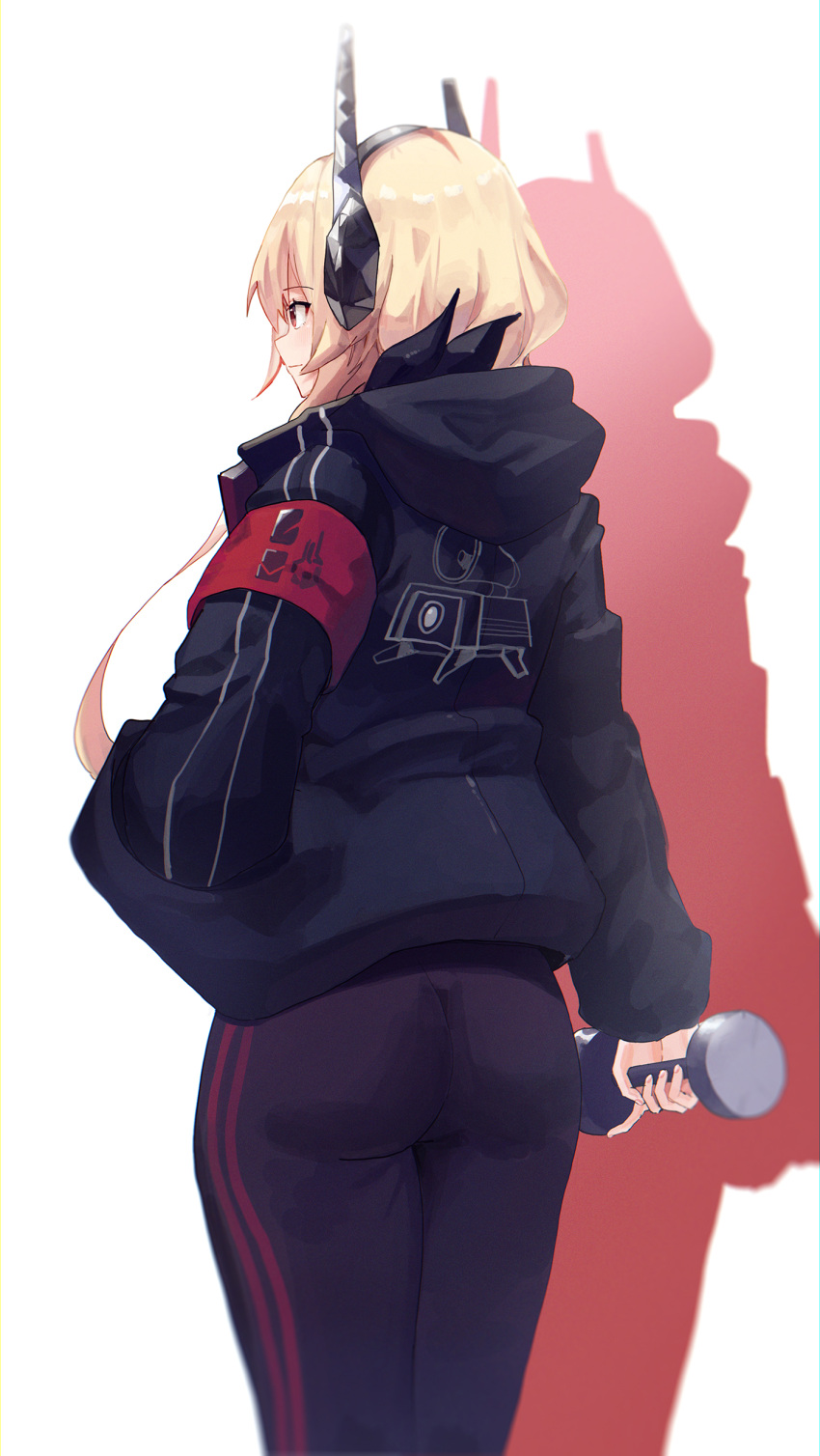 1girl absurdres armband ass bandana blonde_hair dumbbell facing_away ggab0621 girls_frontline hand_in_pocket headgear highres hood hoodie m4_sopmod_ii_(girls_frontline) pants scarf silhouette simple_background solo thighs track_pants white_background